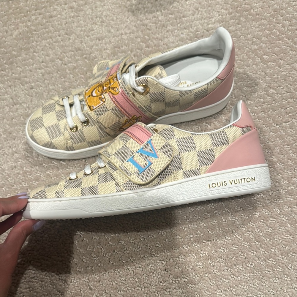 Louis Vuitton Women Checkered Sneakers - Pink and Gold Accents - Picture 3 of 6